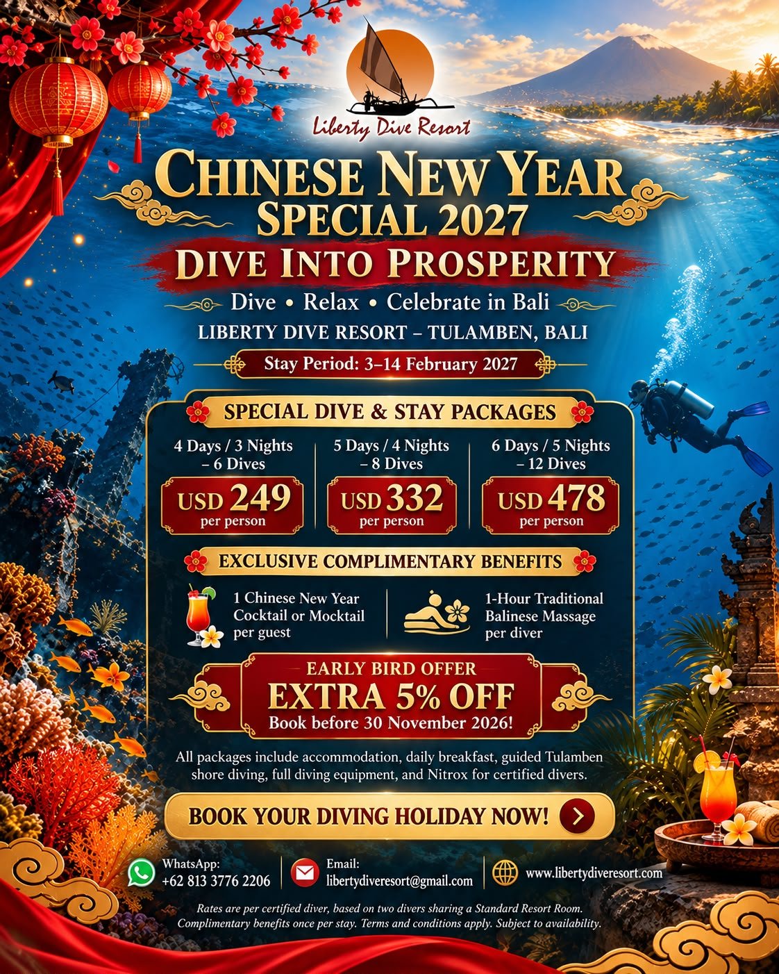 Chinese New Year Special 2027 - Dive Into Prosperity - Special Dive & Stay Packages at Liberty Dive Resort, Tulamben, Bali